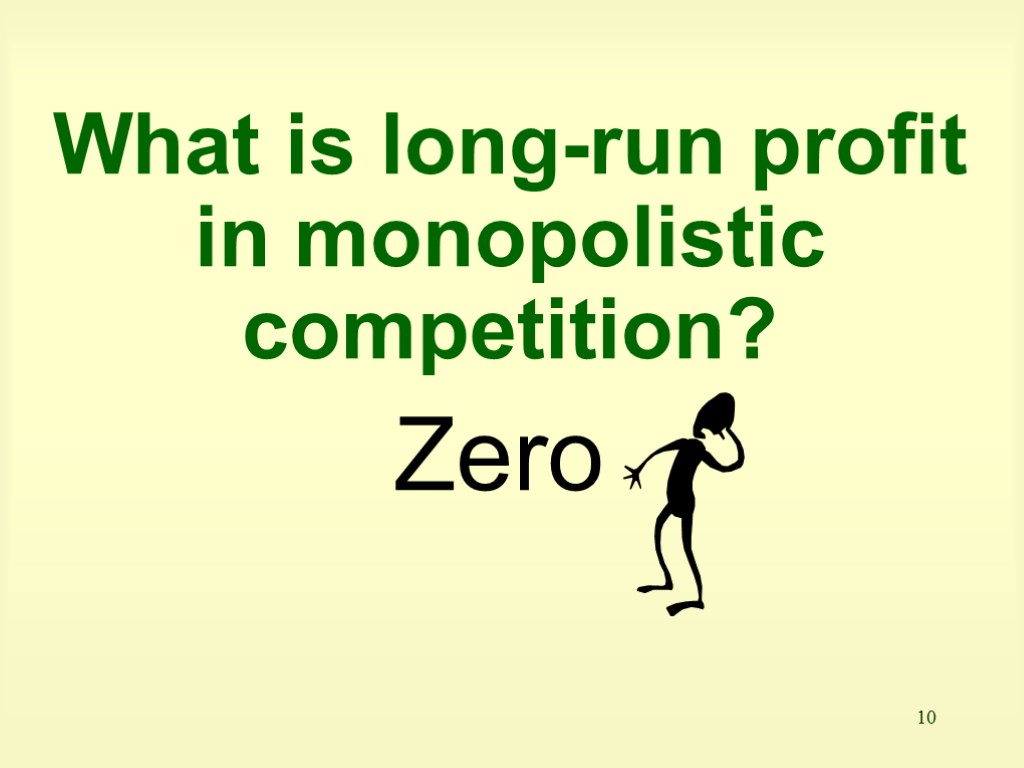 10 What is long-run profit in monopolistic competition? Zero